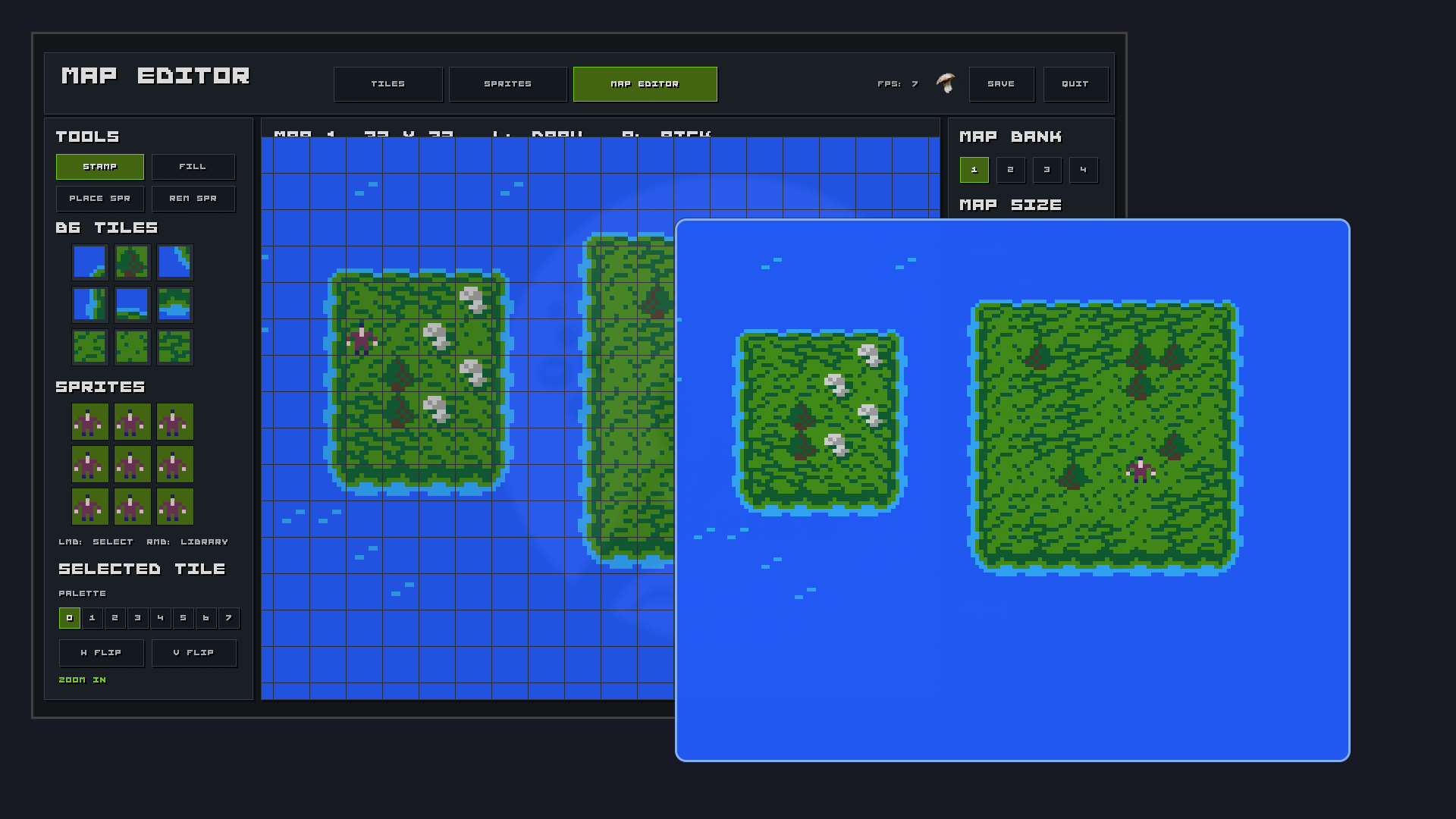 P1Xel Editor art previewed in a Game Boy Color style engine scene
