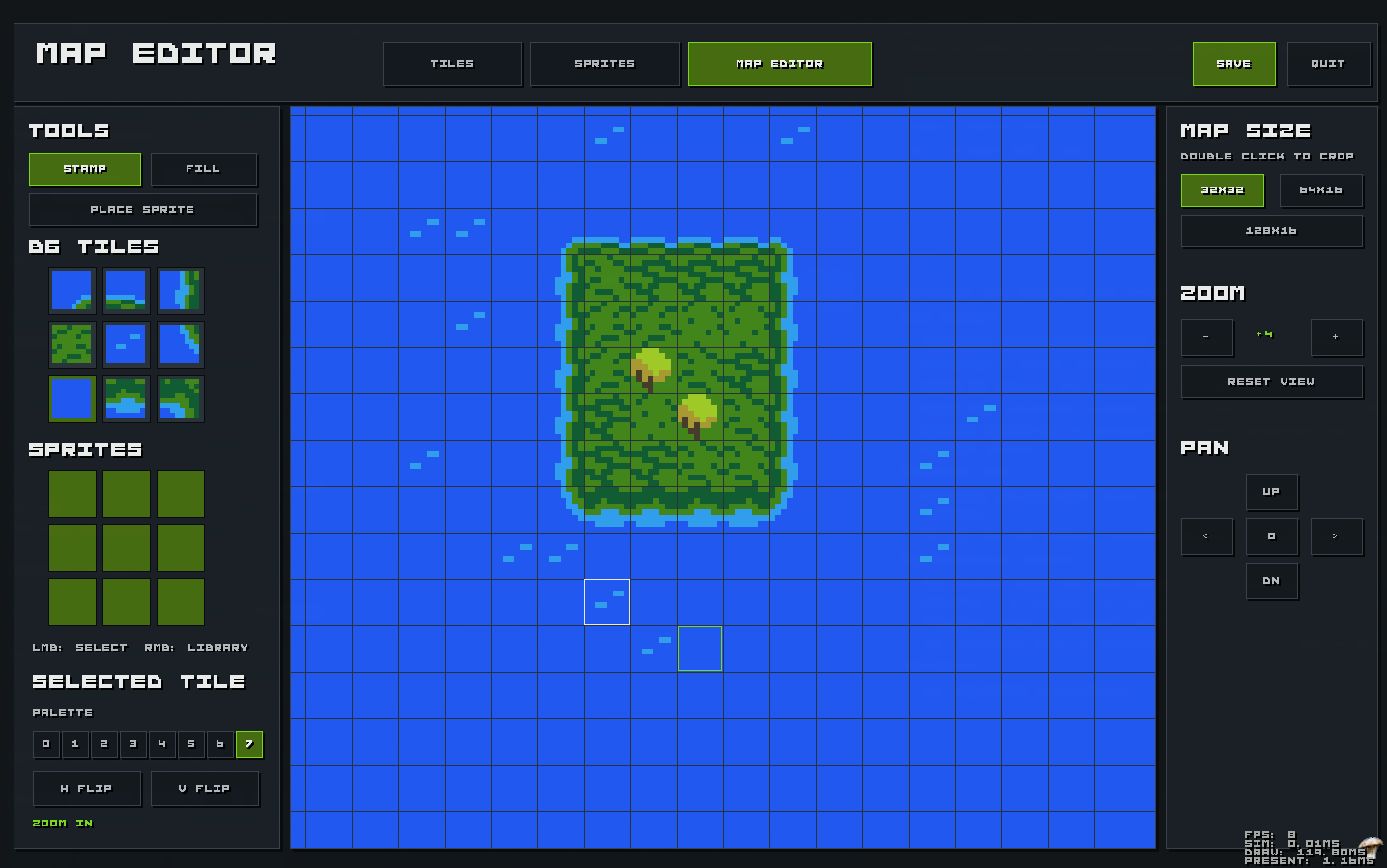 P1Xel Editor map editor with tile stamping, sprite controls, map size selection, zoom, and pan controls