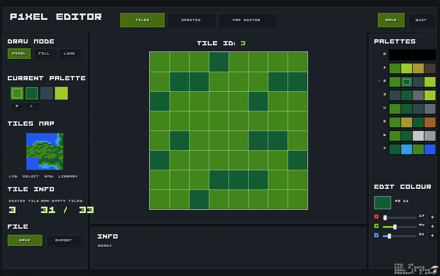 P1Xel Editor tiles screen showing an 8 by 8 indexed tile editor, palette controls, and tile library slots